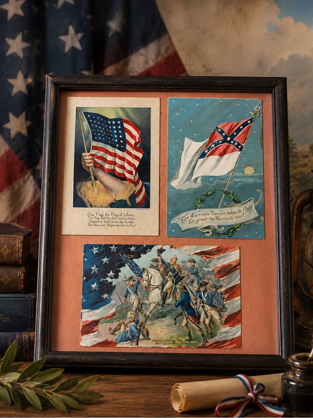 Framed Patriotic Vintage Flag Print Trio Postcard Collection